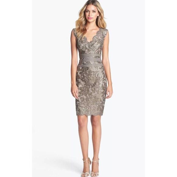 Tadashi Shoji Paillette Sequin Lace Sheath Dress, Smoked Pearl Size 6 (4628) Rea